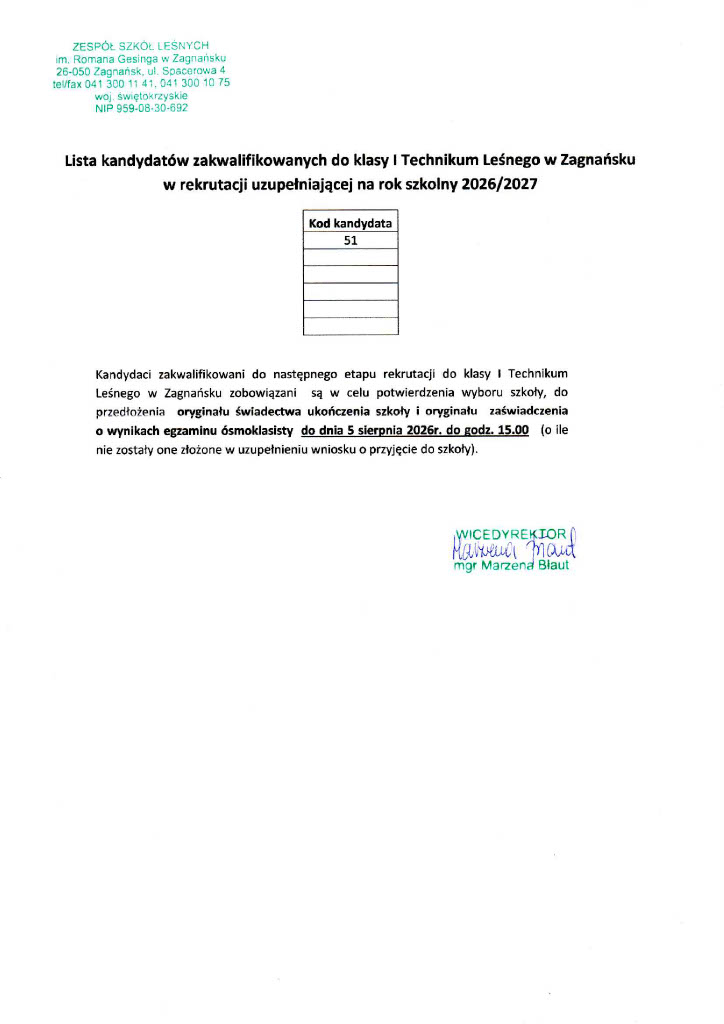 Lista kandydatów przyjętych do klasy I Technikum Leśnego w Zagnańsku w rekrutacji uzupełniającej na rok szkolny 2026/27 